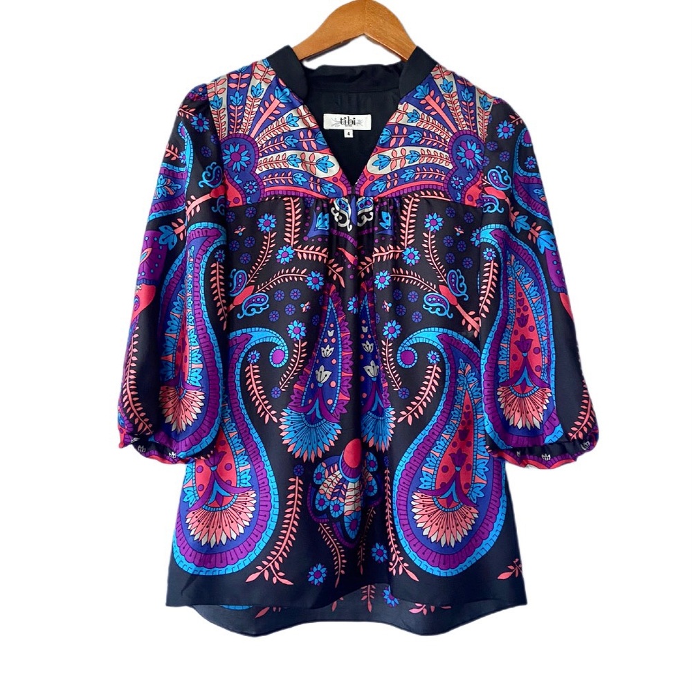 TIBI Retro Psychedelic Paisly Printed Silk Boho Blouse Size 4